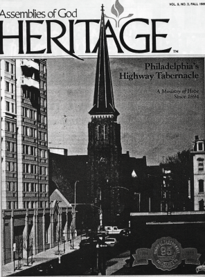 Copy of Cover of the Assemblies of God's Heritage Magazine Vol. 9, No. 3, Fall 1989 with a history of Highway Tabernacle celebrating Highway's 95th Anniversary. The cover features an image of Highway Tabernacle at 18th and Spring Garden streets