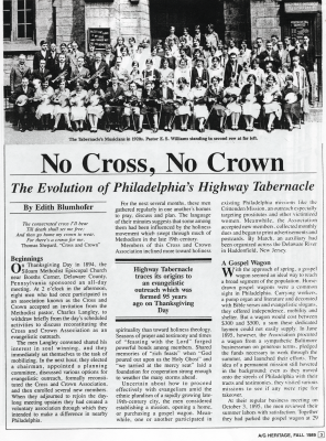 Article title, "No Cross, No Crown: The Evolution of Philadelphia's Highway Tabernacle" with a photograph of Highway's musicians outside of the building at 19th and Green streets in the 1920s. Page three of the magazine, the article beigins with the church's beginnings and its gospel wagon