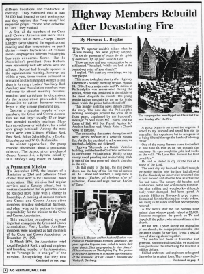 Page four of the magazine, a continuation of "No Cross, No Crown" discusses "A Permanent Mission"; An article from Mrs. Bogdan about rebuilding the church after its fire