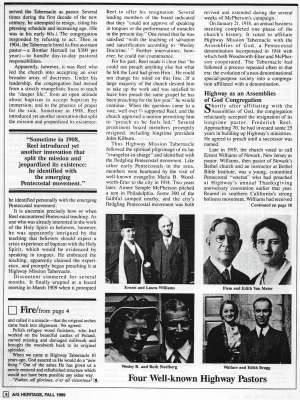 Page six of the magazine, a continuation of "No Cross, No Crown" discusses Highway as an AG congregation; A continuation of Mrs. Bogdan's fire article