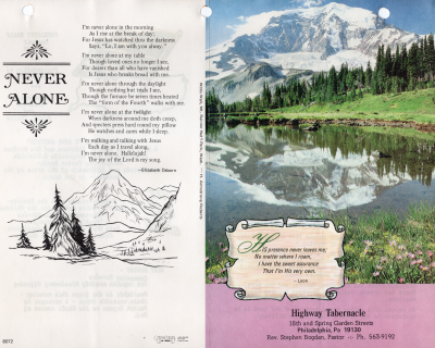 Front cover: information about Highway Tabernacle with a photograph of a lake and mountain; Back cover: Elizabeth Osborn's poem, "Never Alone"