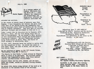 Letter from Pastor Bogdan introducing Chaplain William J. DeLeo; Reminder of the Patriotic Rally that evening, reminder about upcoming services