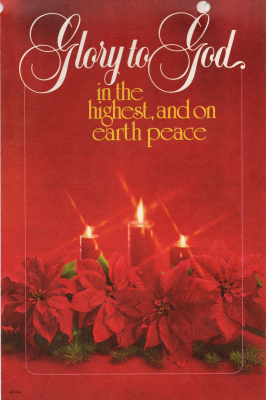 Front cover: red candles with the text "Glory to God in the highest, and on earth peace"