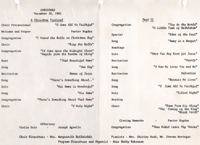 Program organized by choir directress, Marguerite Bullwinkle, and program directress, Betty Roberson