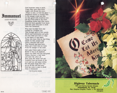 Front cover: Image: Christmas tree with a card reading "O Come Let Us Adore Him", Church contact information; Back cover: Poem "Immanuel (God With Us)" by Ruth McLachlan Geddes