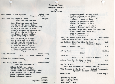 Cantata: Prince of Peace by Gordon Young, Program and order of worship with lyrics for the congregation to sing along with