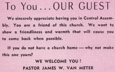 Letter to church guests from Pastor James W. Van Meter