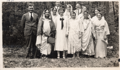 Portrait of Mr. and Mrs. Blakney, Mrs. and Mrs. McClay, Mrs. Shirer, Grace Whether, and Juergeason (sp.?) at a missionary rally at Marantha Park