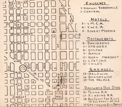 Map of the neighborhood and parts of Center City with markers for churches, hotels, restaurants, garages, and bus/ train stations