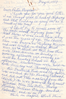 Letter to Pastor Bogdan about Sadie Watson's memories of Highway growing up