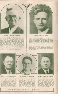 Portraits and descriptions of Pastor J. Narver Gortner, Pastor Allan A. Swift, Benjamin W. Cockerhan, Elizabeth V. Benckert, and Pastor Ralph P. Hughey. Acts 19:2