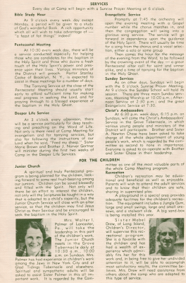 List of services, including: Sunrise Prayer Meetings at 6 AM, Bible Study Hour, Pentecostal Meeting, Deeper Life Service, Evangelistic Service, Sunday Services, and Christ's Ambassadors. Programs for children include Junior Church and Recreation led by Mrs. Walter I. Palmer and Sister Mabel Drew