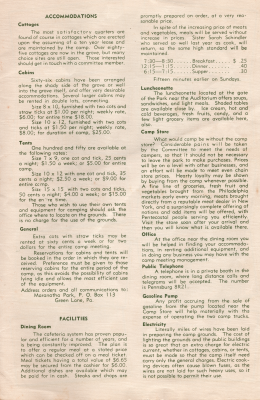 Accommodations and rates including cottages, cabins, tents, and general guidelines for lodging. A list of facilities including a dining room, luncheonette, camp store, office, public telephone, gasoline pump, and electricity.