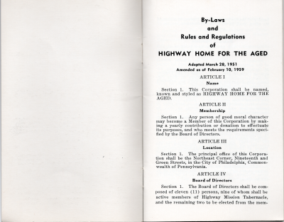 "By-Laws and Rules and Regulations of Highway Home for the Aged adopted March 28, 1951, Amended as of February 10, 1959." Article I: Name, Article II: Membership, Article III: Location, Article IV: Board of Directors