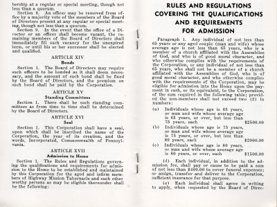 Article XIV: Bonds, Article XV: Standing Committees, Article XVI: Seal, Article XVII: Admission to Home; Rules and Regulatons Covering the Qualifications for Admission, paragraph one