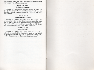 Article XVIII: Religious Services, Article XIX: Adoption of By-Laws, Article XX: Amendments