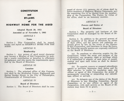 "Constitution and By-Laws of Highway Home for the Aged adopted March 28, 1951, Amended as of November 1, 1963." Article I: Name, Article II: Membership, Article III: Location, Article IV: Board of Directors