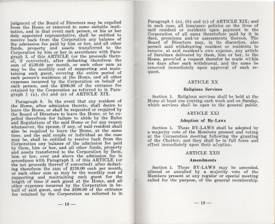 Article XIX: Admission to Home continued, Article XX: Religious Services, Article XXI: Adoption of By-Laws, Article XXII: Amendments