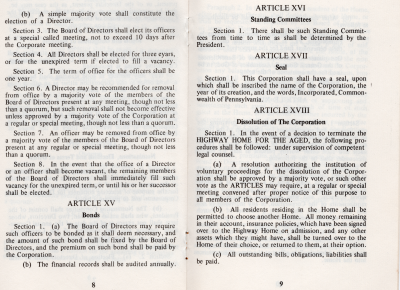 Article XV: Bonds, Article XVI: Standing Committees, Article XVII: Seal, Article XVIII: Dissolution of The Corporation