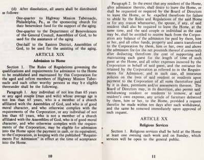 Article XIX: Admission to Home, Article XX: Religious Services