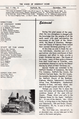 The Voice of Highway Home Vol. 1, No.3, published in Hatfield, PA in December 1954. List of the directors of Highway Home, staff of the Voice, and Highway Home staff. Photograph of Highway Home. Editorial message