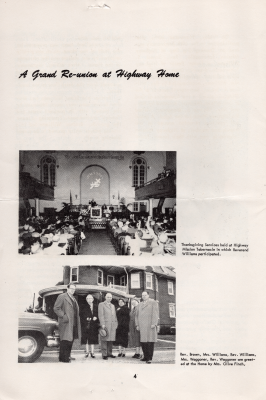 Section title: "A Grand Re-union at Highway Home," photo of the congregation at 19th and Green Streets with the caption, "Thanksgiving Services held at Highway Mission Tabernacle in which Reverend Williams participated. Group portrait with the caption, "Rev. Brown, Mrs. Williams, Rev. Williams, Mrs. Waggoner, Rev. Waggonner are greeted at the Home by Mrs. Olive Finch,"
