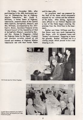 Text discussing Thanksgiving services and activities at the Home. A group portrait with the caption, "Old friends sign the Visitors' Register." Photograph of a group dining around a table with the caption, "A grand dinner prepared by the Staff of Highway Home was enjoyed by our dear friends and guests."