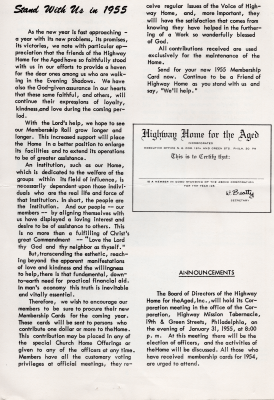A letter to the Home's members asking them to renew their memberships for 1955; Announcements