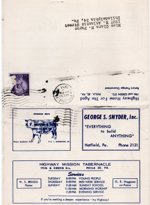 Advertisements from A. F. Moyer and Sons Wholesale Meats and George S. Snyder, Inc. List of Highway Tabernacle's upcoming services; Postage addressed to Miss Clara Payne from Highway Home for the Aged with a Statue of Liberty Stamp