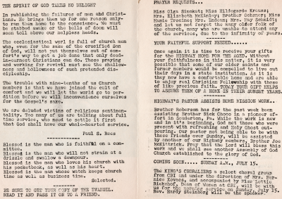 "The Spirit of God Takes No Delight" by Paul S. Rees, selected poem, reminder to take a copy of Evangel Magazine; Prayer request, fundraising requests for Highway Home for the Aged, announcement that Pastor Roberson is participating in domestic mission work, announcement of the King's Choralier's performance