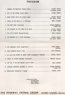 Program of songs performed with Elizabeth Strong, Betty Roberson, and Walter McAnney accompanying on the piano