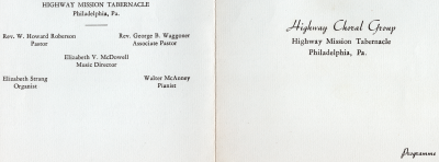 Front cover: Programme of Highway Choral Group's Performance at Highway Tabernacle; Back cover: Church name, church leadership, music director, pianist, organist
