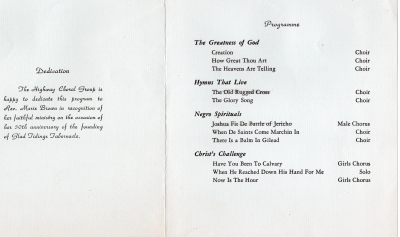 Program dedication to Rev. Marie Brown in recognition of her 50th anniversary of founding Glad Tidings Tabernacle; Program of songs