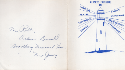 Front cover: drawing of a lighthouse with the title "Always Faithful in" and the words "Missions," "Prayer," "Testimony," "Service," "Family Devotions," "Stewardship," and "Attendance" radiating from the lighthouse; Back cover: handwritten note