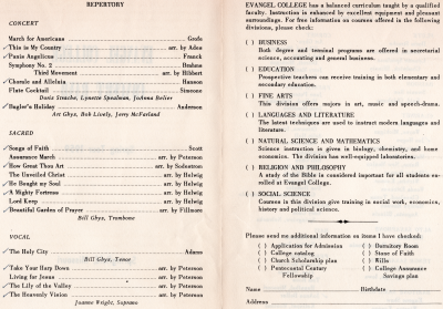 Program of performances; Information request form for Evangel College