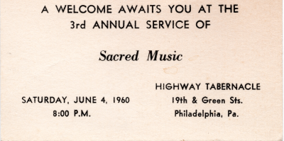 Invitation card to the 3rd Annual Service of Scred Music at Highway Tabernacle (19th and Green Streets)
