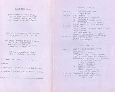 Convention notes about river excursion tickets, district chours books for sale, convention pictures on sale, and where parade participants should meet, thank you not to the Harrisburg AG churches and the William Wray Music House of Lemoyne, PA; Thursday and Friday morning activity schedules