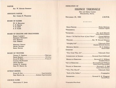 List of church leadership; Dedication of Highway's new location at 18th and Spring Garden Streets, order of worship