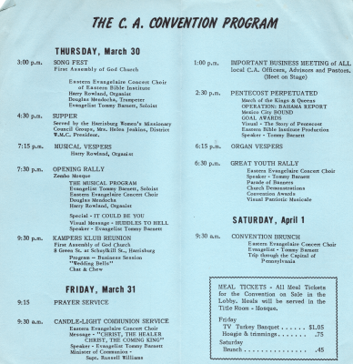 Program for Thursday, Friday, and Saturday with a note about meal tickets and the menu