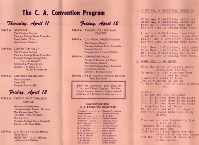 Convention program, advertisement for the convention book store, Eastern District C. A. Executive Committee; Lyrics to Cheer Up, O Christian, Cheer Up and Down Deep in My Heart