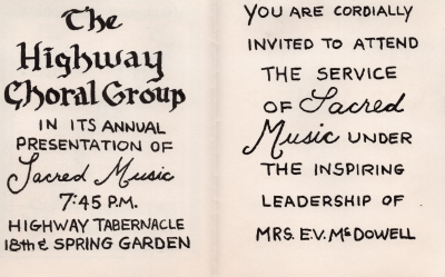 Text: "The Highway Choral Group in its Annual Presentation of Sacred Music, 7:45 P.M, Highway Tabernacle, 18th and Spring Garden; You are cordially invited to the Service of Sacred Music under the inspiring leadership of Mrs. E. V. McDowell."