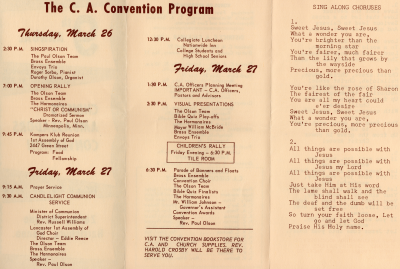 Convention program, bookstore advertisement; sing along choruses lyrics