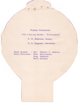 Highway Tabernacle address, Pastor W. H. Roberson, and Associate Pastor G. B. Waggoner. Guest speaker Rev. Chester P. Jenkins and guest musicians Dino Kartsonakis, Doug Mendocha, and Harry Rowland