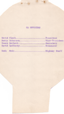 CA Officers: David Clark, President, Betty Roberson, Vice President, Susan Gerhart, Secretary, David Iafferty, Treasurer, and Ruth Muir, Highway Staff