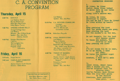 Program of events, including musicale, Bible Quiz, Evangel College Choir, Candlelight Communion, Speed-the-Light, and Betty Roberson as an organ accompanist; Convention chorus lyrics