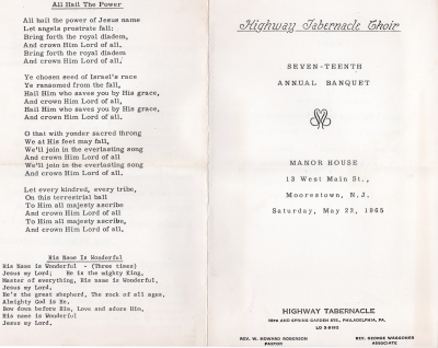 Front Cover: Event name, location, and date, church and church leadership contact information; Back Cover: Lyrics to All Hail the Power and His Name is Wonderful