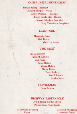 Back cover: Guest instrumentalists, girls trio members, members of "The Nine," serviceman, church name and address, church pastor and associate pastor
