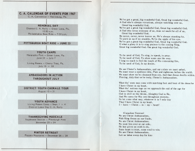 C. A. Calendar of Events for 1967; Lyrics to Christ's Ambassadors song or chant