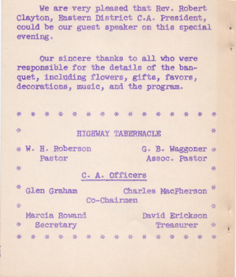 Welcome message for guest speaker, Rev. Robert Clayton, thank you message for all who helped organize the event, Highway Tabernacle leadership and Christ's Ambassadors' officers