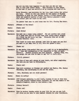 Discusses the passing of Aunt Betty's father, finding a new father in Rev. Fleming Van Meter, Aunt Betty's work at AG headquarters in Springfield, MO, her return to Philadelphia, and the death of her husband